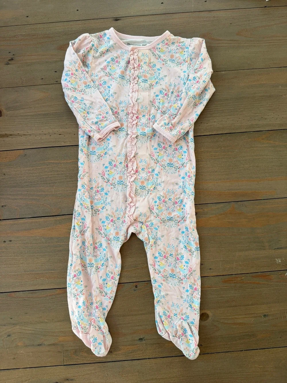 Like New Magnetic Me Bamboo Floral Ruffle-Front One-Piece - 3-6 Months
